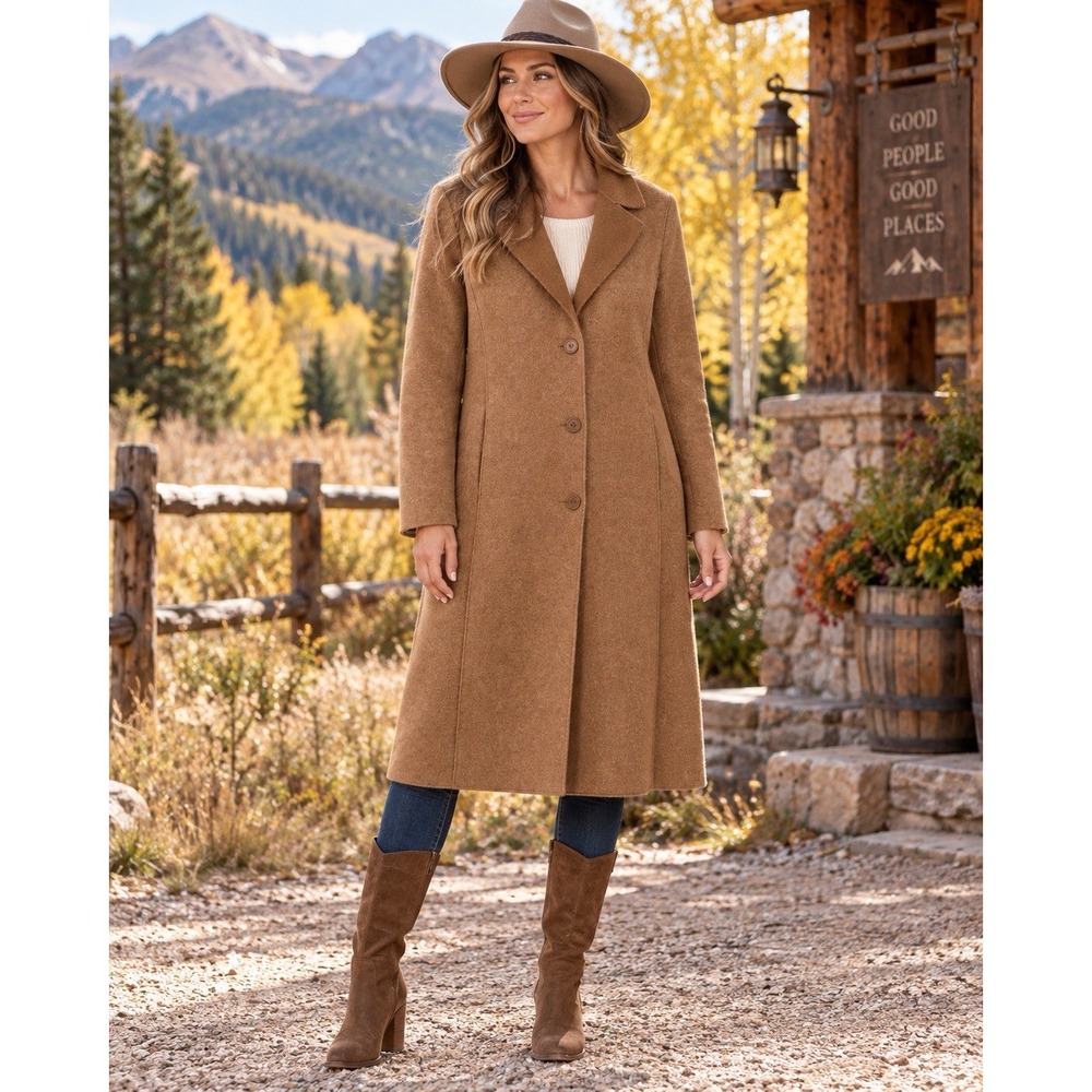 Bernardo Women's Small Camel Brown Long Coat Notch Lapel Button Front Minimalist